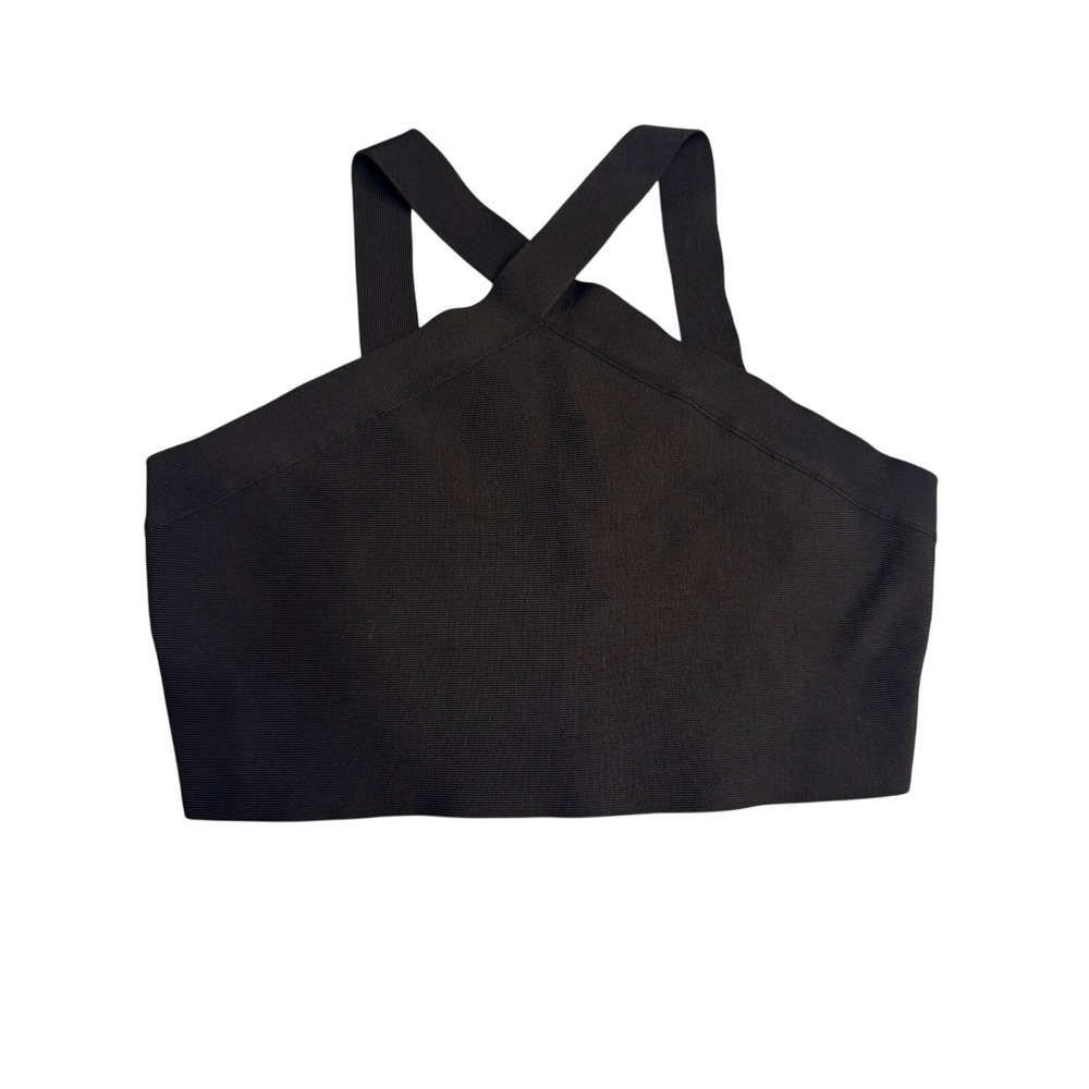 BCBGMAXAZRIA Black Criss Cross Halter Crop Top Sleeveless‎ Knit Tank size L
